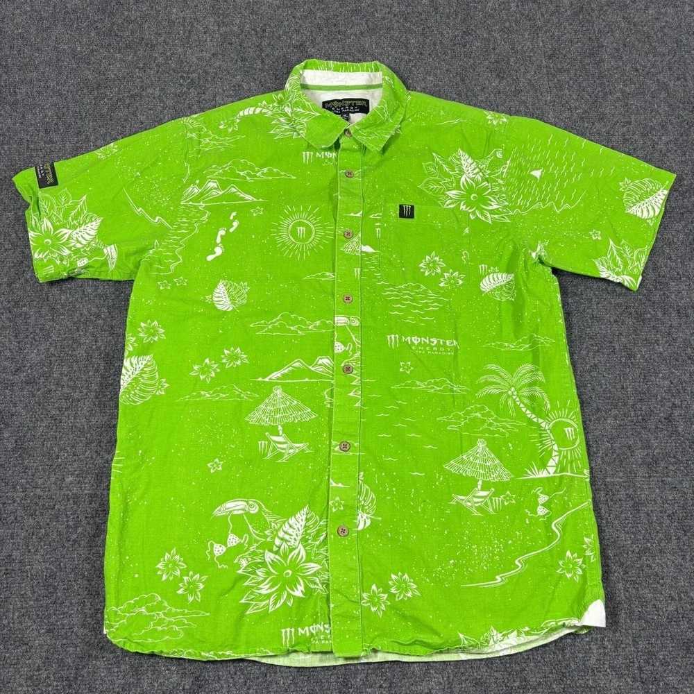 Monster Energy Ultra Paradise Green Tropical Hawaiian Camp Resort Button Shirt M